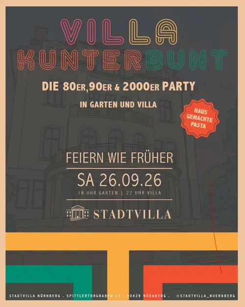 Half Price Entry Voucher for 80’s, 90’s, 2000er Party at STADTVILLA-Kunterbunt